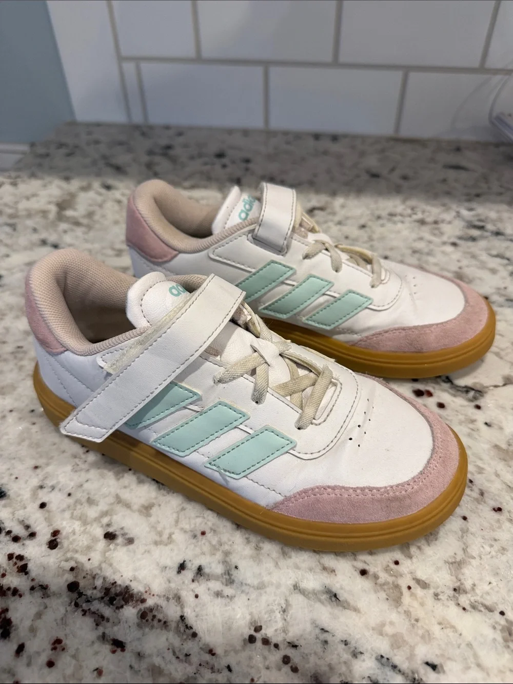 adidas Kids White Sneakers with Pink Accents and Mint Stripes